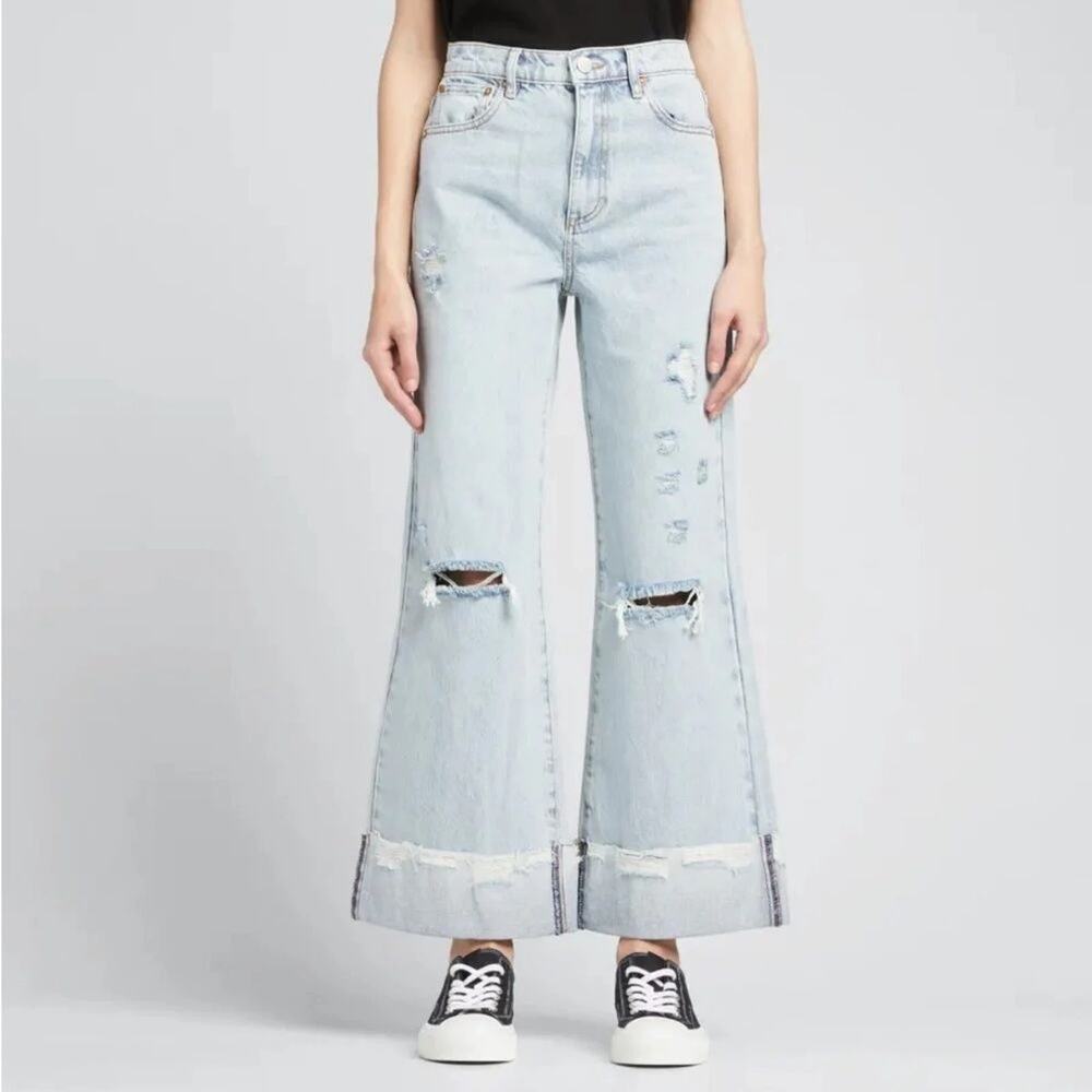 Alice + Olivia Amazing High Rise Size 27 BF Raw Hem Cuff Jean Rockstar Blue Wash